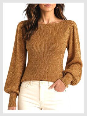 Ann Taylor Metallic Puff Sleeve Sweater Brown Gold Boatneck S